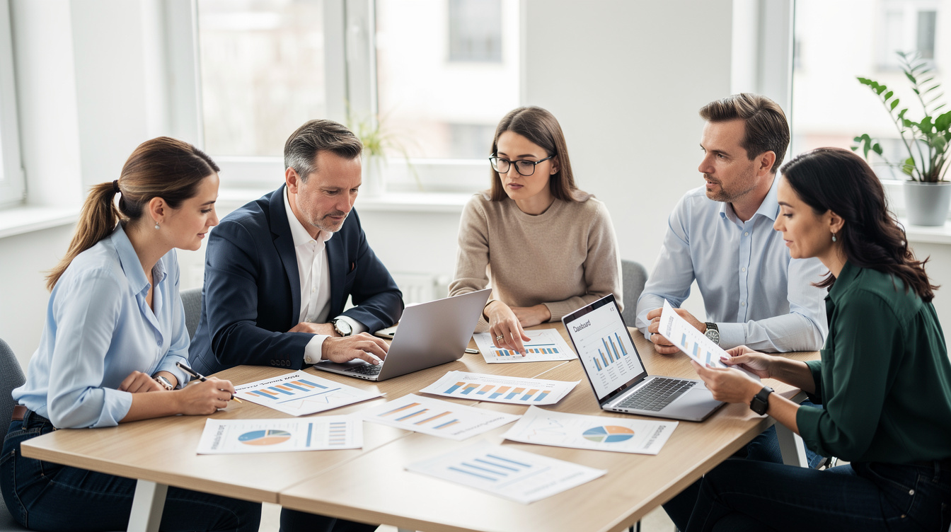 German research team analyzing survey data around a table
